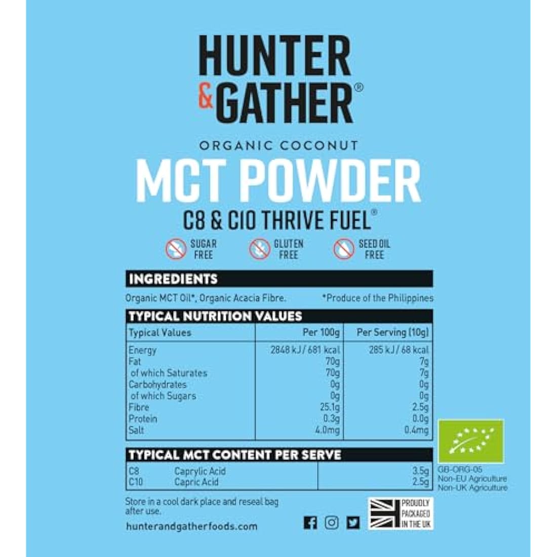 Hunter & Gather Thrive Fuel C8/C10 MCT Powder 250g | Triple Steam Distilled 100% Organic Certified Coconut | Keto, Low Carb & Paleo | Sugar, Gluten & Seed Oil Free