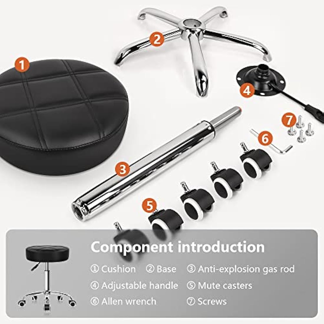 KKTONER Round Rolling Stool Chair PU Leather Height Adjustable Shop Stool Swivel Drafting Work SPA Salon Stools with Wheels Office Chair (Black)