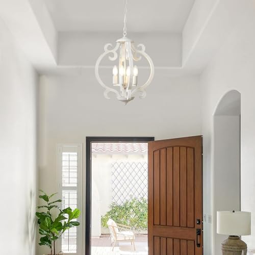 LynPon 4 Lights White Farmhouse Chandelier Ceiling Light Rustic French Light Fittings Ceilings Hanging, Antique Vintage Wood Pendant Light for Dining Room Kitchen Living Room Bedroom Hallway