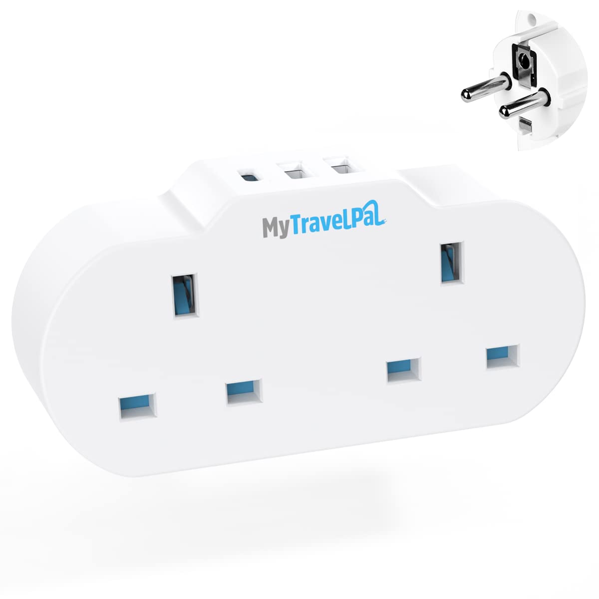 MyTravelPal UK to Europe Travel Adapter With USB & USB-C | 2 Way European Travel Adaptor Plug with UK Safety Standards | Double UK to EU Plug Adapter