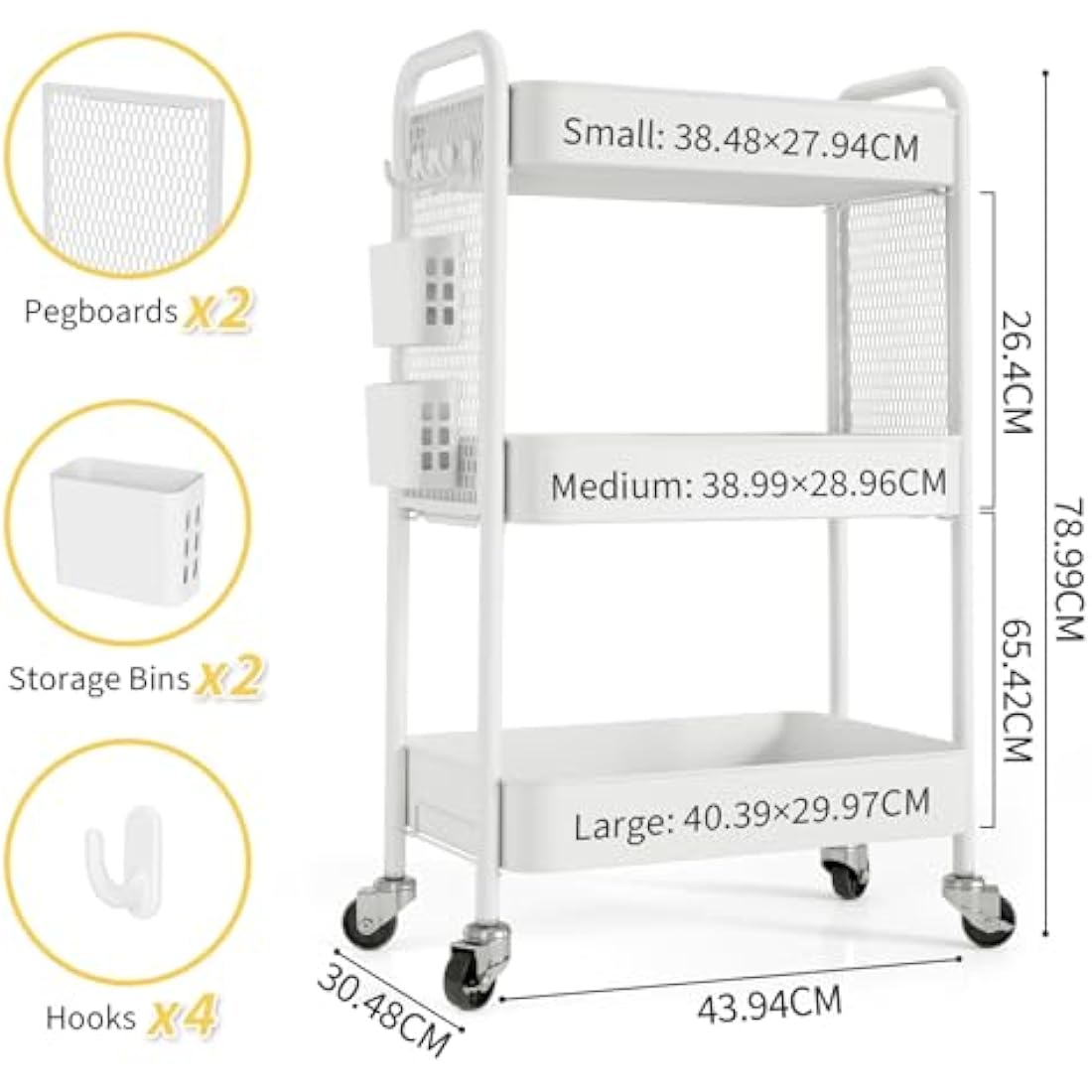 Urackify Storage Trolley on Wheels for Variety Applications, 3 Tier Trolley with Extra DIY Pegboards,Handing Bins, and Hooks for Living Room, Kitchen, Bathroom, Office, Classroom, White