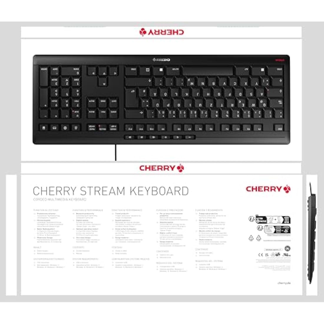 CHERRY STREAM KEYBOARD, Wired Keyboard, EU Layout (QWERTY), Whisper-Quiet Keystrokes, Unique Typing Experience, Flat Design, Black