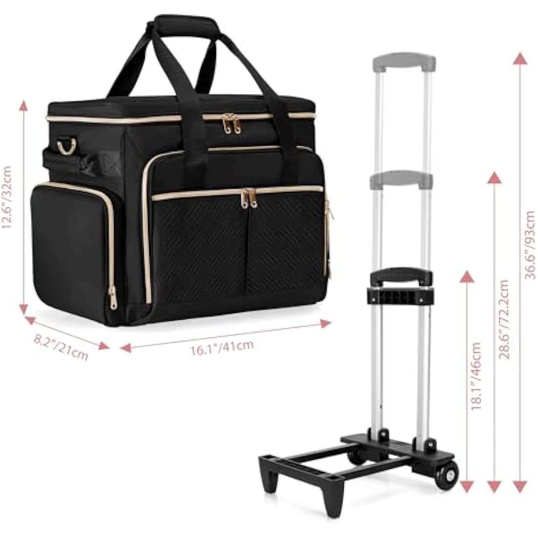 Prokva Rolling Teacher Bag with Wheels, Detachable Trolley, Fits 15.6” Laptop & Supplies, Black Patent Design