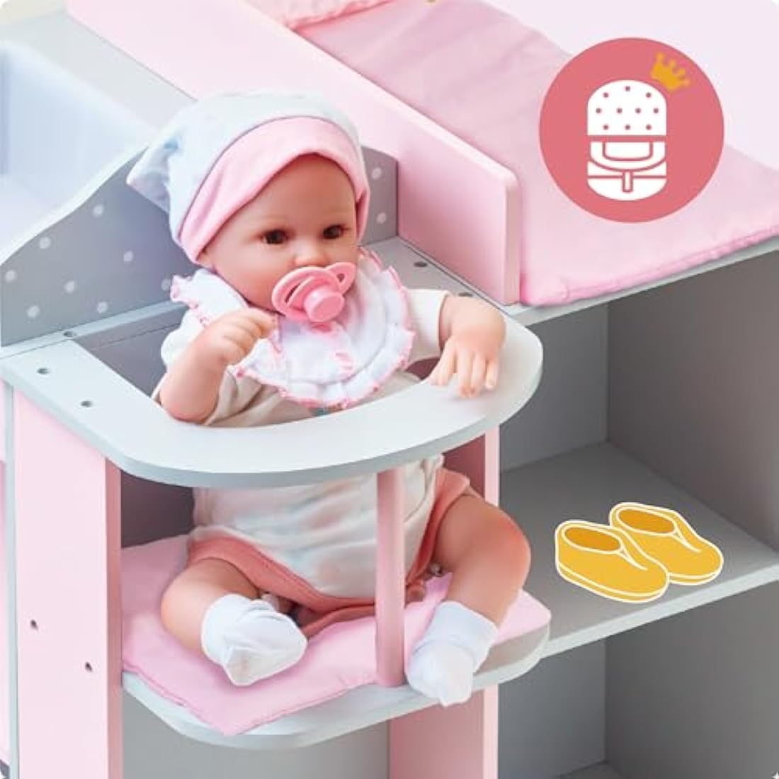 Olivia's Little World 6-in-1 Wooden Baby Doll Changing Station with Crib, Changing Table, High Chair, Double-Door Closet, Sink and Washing Machine, Multicoloured