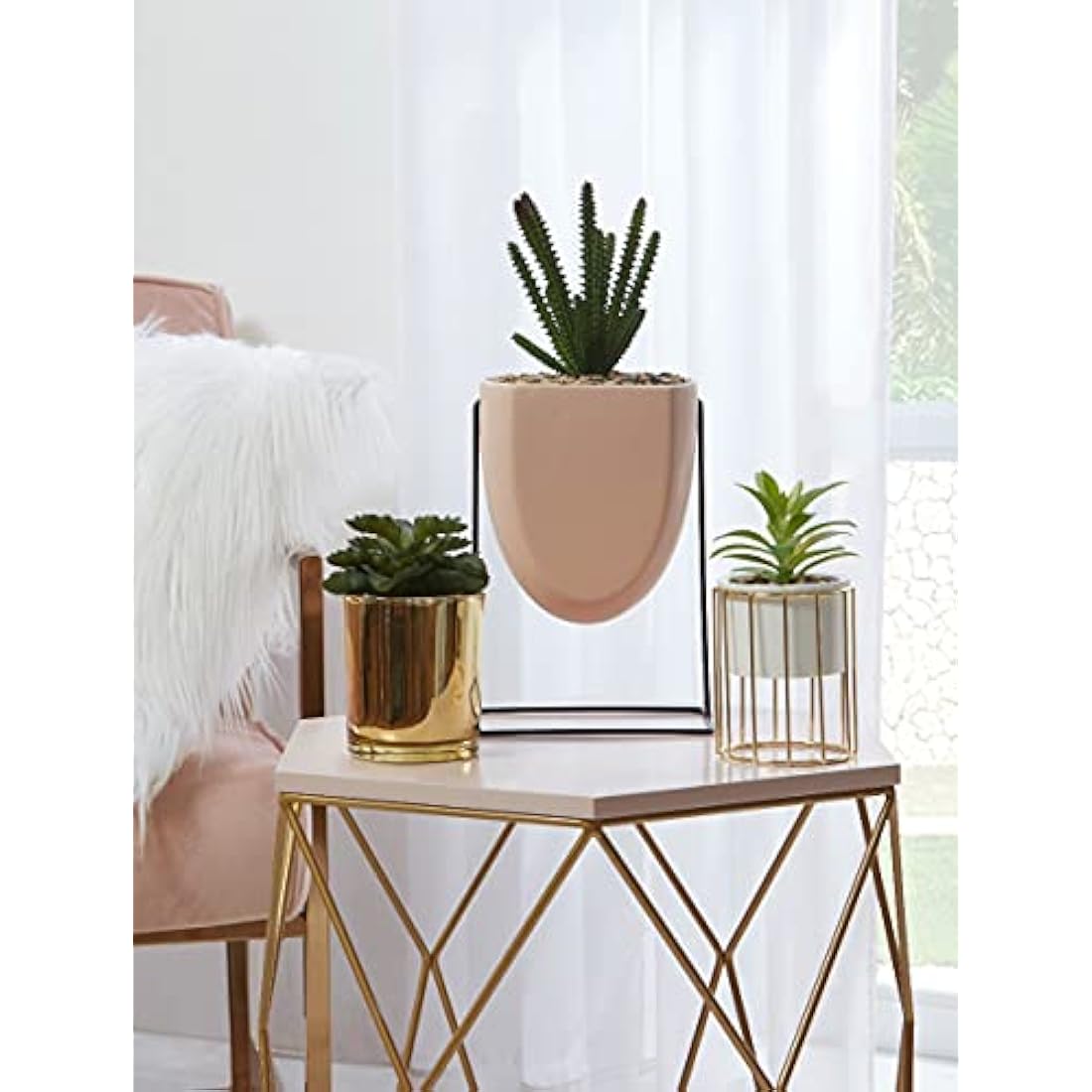 Sleepdown Halo Green Leaf Pink Stand Artificial Faux Plant for Home Office Bathroom Decor Indoor Decoration Aesthetics, Medium