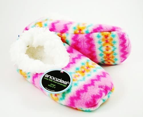 SNOOZIES! COSY SHERPA FLEECE FOOT COVER SLIPPERS / SOCKS - PINK - FAIR ISLE small