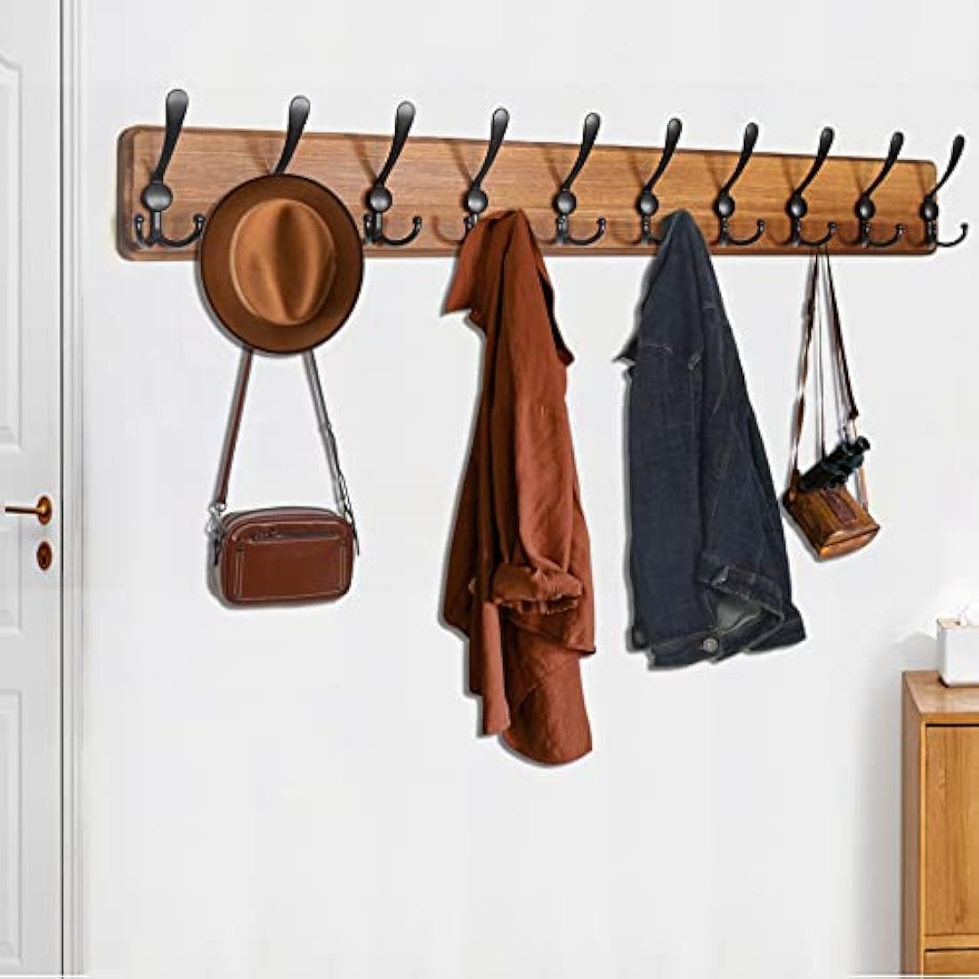 WEBI Coat Rack Wall Mounted,98cm Long,Wood Coat Hooks Wall Mounted,Coat Hanger Wall,Hook Rack Rail,10 Triple Hooks for Hanging Coats,Clothes,Jacket,Hats,Rustic Brown