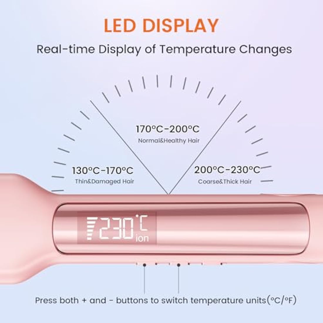Faszin Professional Hair Straighteners, 42mm Wide Plate Titanium Negative Ion Flat Iron, 30s Rapid Heating, 11 Adjustable Temperature Levels (130-230℃), Real-time Temperature Display-Pink