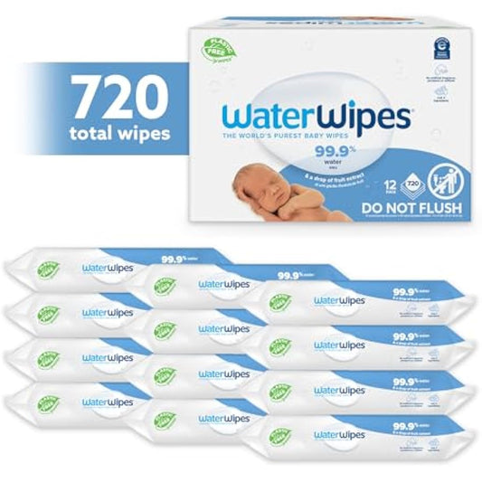 WaterWipes Sensitive+ Newborn & Baby Wipes, 720 Count (12 Packs), 3-In-1 Cleans, Cares, Protects, 99.9% Water, Unscented