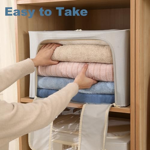 Goesort 6 Pack Clothes Storage Boxes with Steel Frame Support, 66L Moving Bag Wardrobe Storage Organiser Packing Boxes for Moving House with Clear