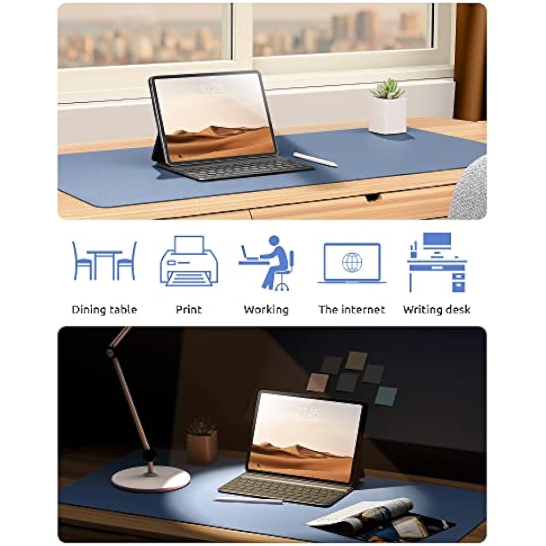 YSAGi Leather Desk Mat, Large Mouse Mat, Non-Slip Desk Pad, Waterproof PU Leather Table Protector Writing Pad for Office and Home (90 x 43 cm, Sea Blue)