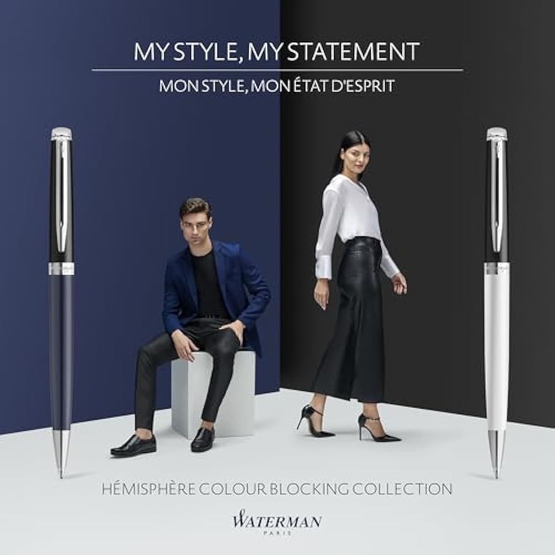 Waterman Hémisphère Fountain Pen | Black & White Lacquer with Palladium Coated Trim | Stainless steel Medium Nib | Blue Ink | Gift Box
