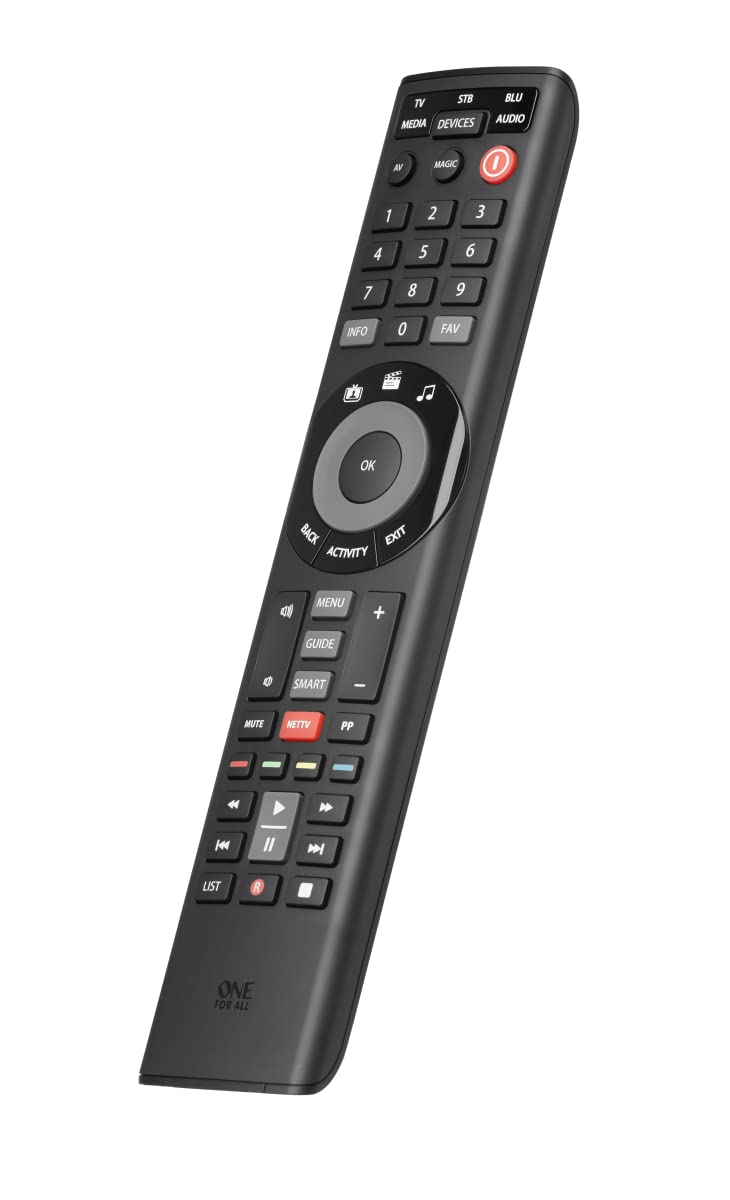 One For All Smart Control 5 - Universal remote for 5 devices (TV, Sat/Cable/DVB-T, Blu-ray, Audio, Sound bar, streaming) - free Setup App and unique