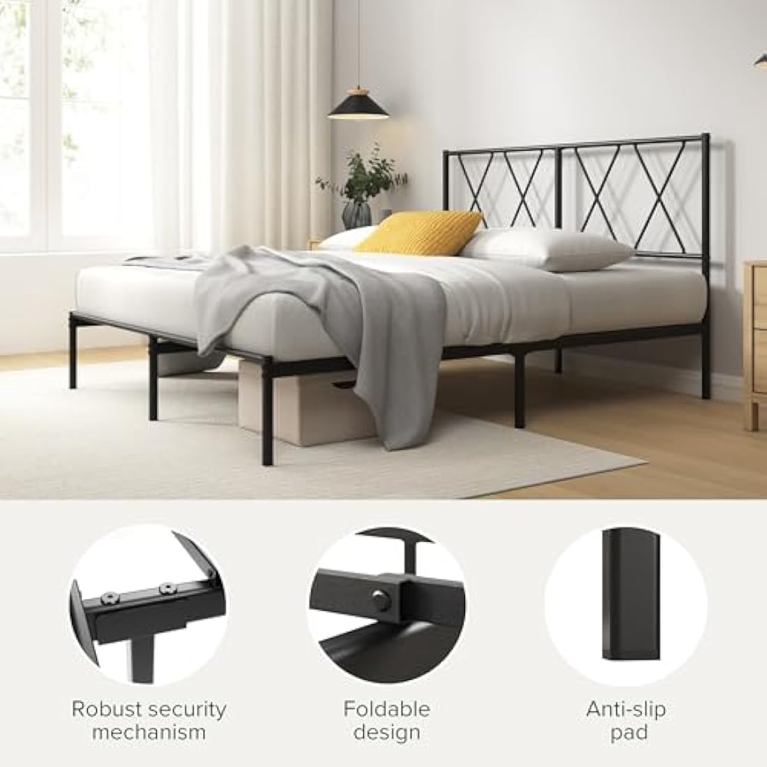 ZINUS Elias Single Bed Frame – Bed 90x190 cm – 30cm Height –Metal Bed Frame with Headboard – Platform bed frame with steel slat support – Clearance under the bed - Easy Assembly – Black