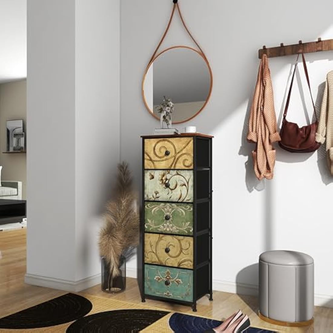 VEDECASA Narrow Tall Chest of Drawers 5 Fabric Drawer Dresser for Bedroom Slim Storage Tower Organizer Unit for Living Room Bedroom Closet Entryway Wood Board Sturdy Metal Frame Easy to Assemble