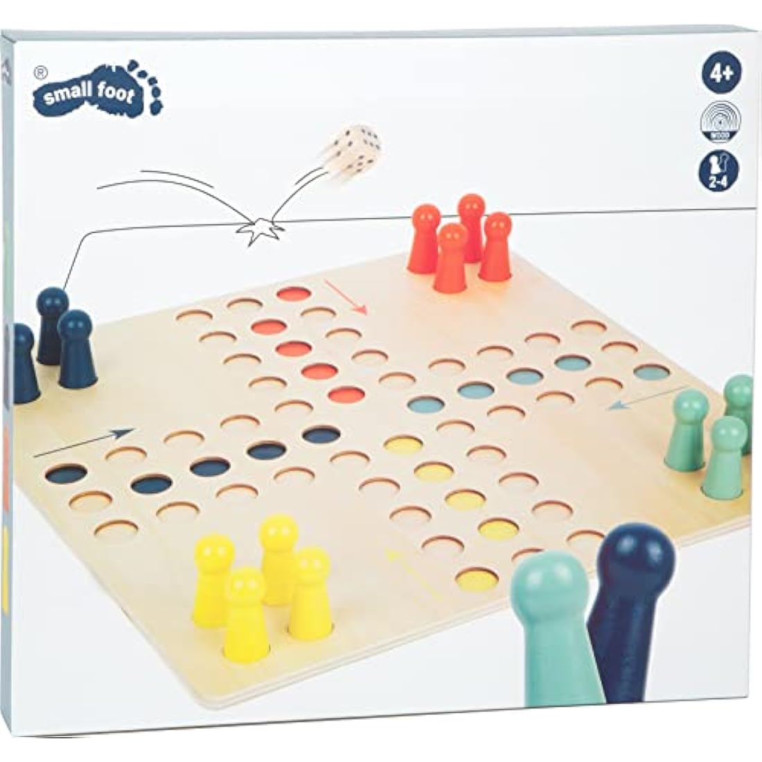 Small Foot 11783 Ludo XL Wooden for Four Players, Board Game for the Whole Family in Large Format, Age 4 and Up