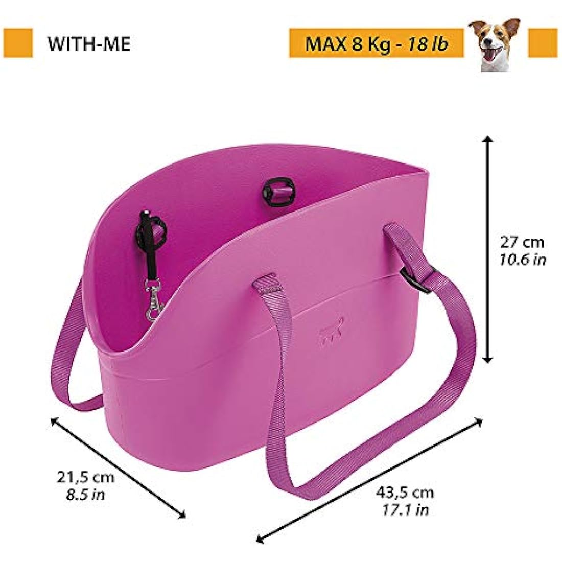 Ferplast Carrier bag for small dogs WITH-ME, EVA, Soft rubber plastic, washable, Adjustable handles, Safety belt included, 21.5 x 43.5 x h 27 cm Fuchsia