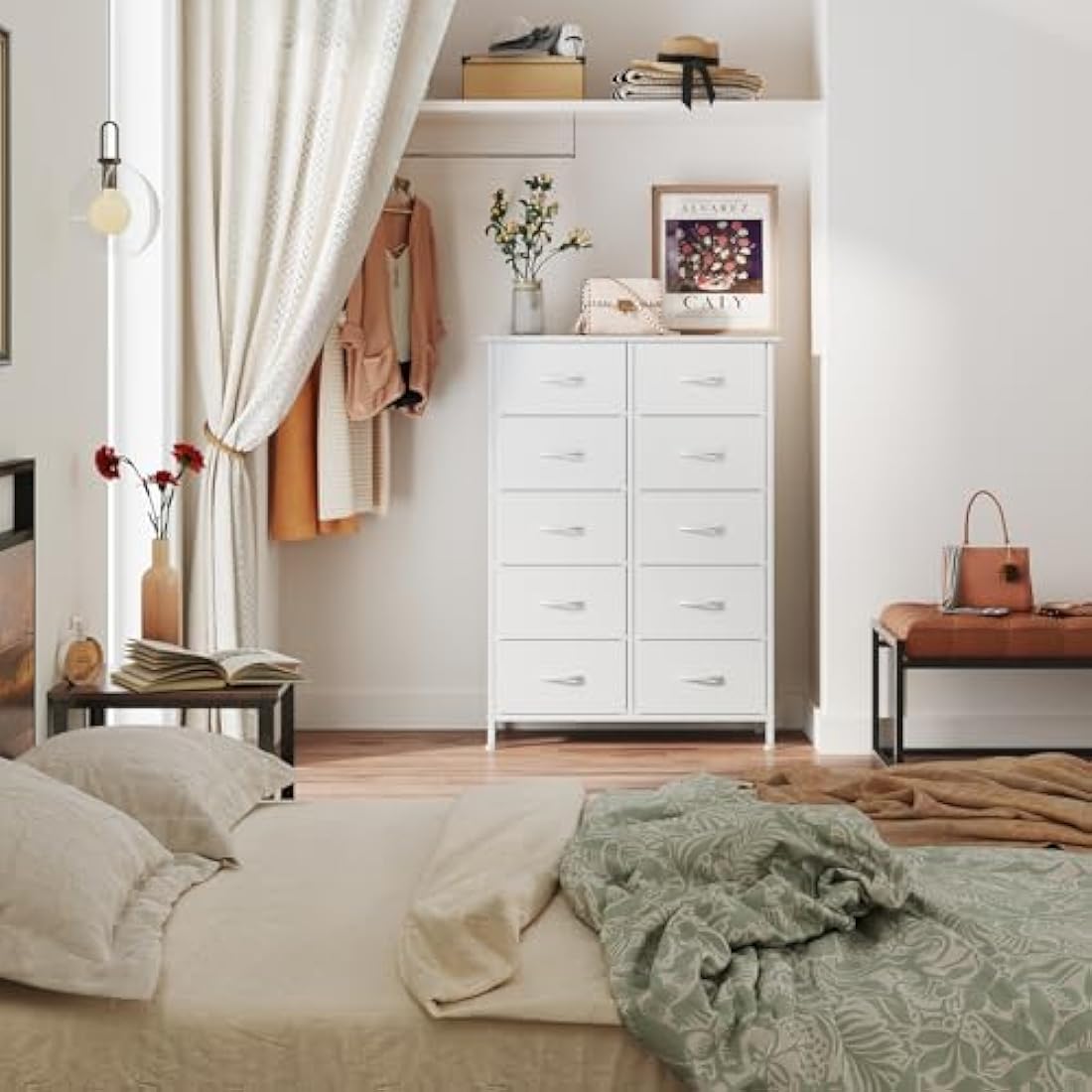 CAIYUN Chest of Drawers Bedroom with 10 Drawers, Tall Fabric Storage Organizer Clearance with Wood Top and Large Storage Space, for Bedroom, Living room, Entryway, Tv Stand, Closet, White
