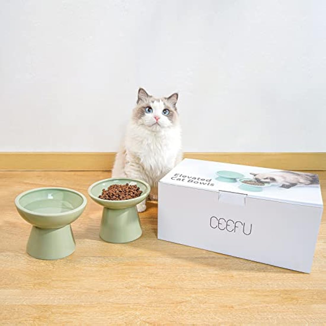 CEEFU 2 Extra Wide Elevated Cat Food Bowl, Ceramic Cat Bowls for Food and Water, Wide Shallow Cat Food Dish, Whisker Fatigue, Lead & Cadmium Free, Great Height for Cat, Sage Green