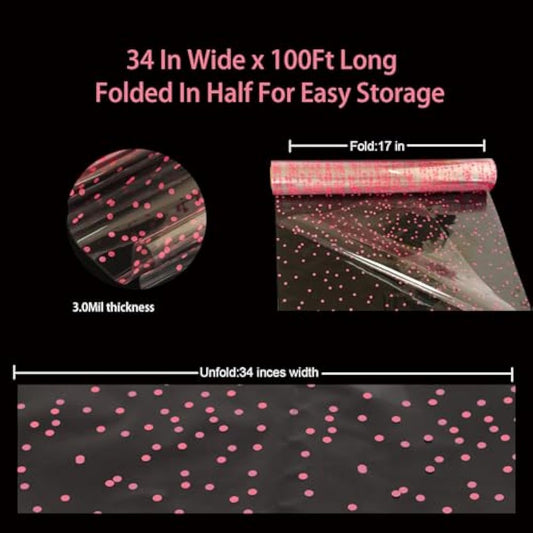 CMFYHM 34in x 100ft Clear Cellophane Wrap Roll (Pink Polka Dot),Transparent Cellophane Wrap Roll for Treats, Gifts, Baskets, Flowers, Birthday Party,Easter, Christmas Decorations