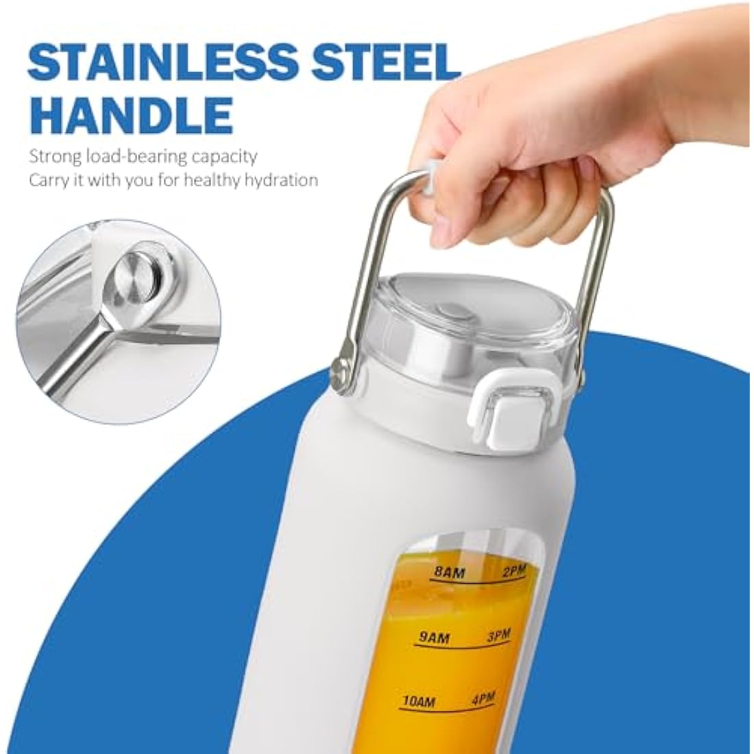 BLUEGO 2000ml Borosilicate Glass Water Bottle with Stainless Handle and Time Marker 2L Drinking Bottle with Silicone Sleeve and Straw for Gym Office Outdoor Sports Water Bottles BPA Free, White
