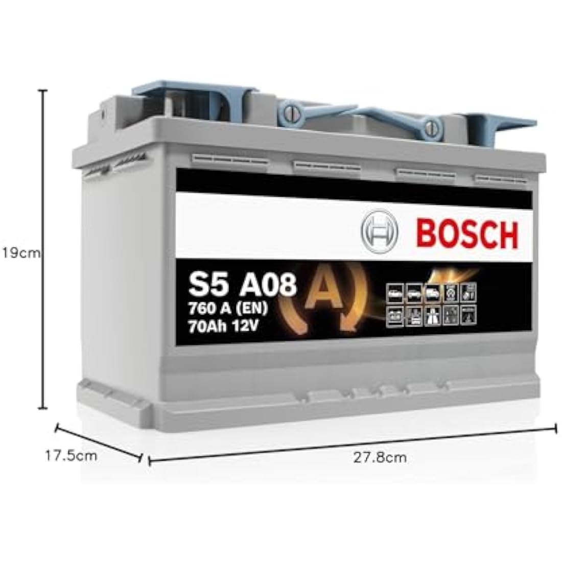 Bosch S5A08 Car Battery 70 A/h - 760 A - 12 V, Type 096, AGM Lead-acid for Vehicles with a Start/Stop System, Left (-) Right (+), 278 x 175 x 190 mm - For Vehicles with Regenerative Braking