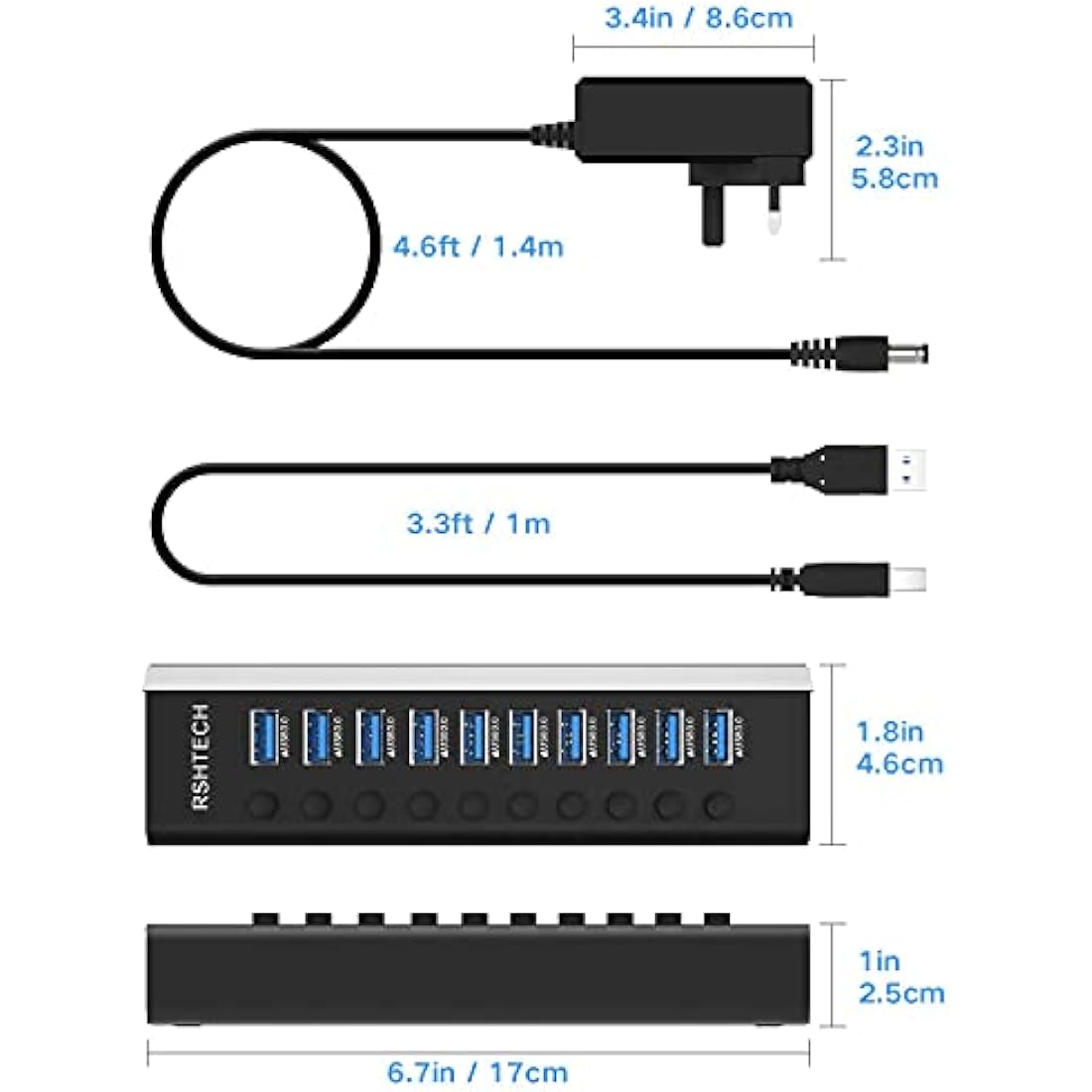 RSHTECH Powered USB 3.0 Hub Aluminum 10 Port USB 3.0 Data Hub with 12V/3A (36W) Power Adapter and Individual On/Off Switches & LED (RSH-A10)
