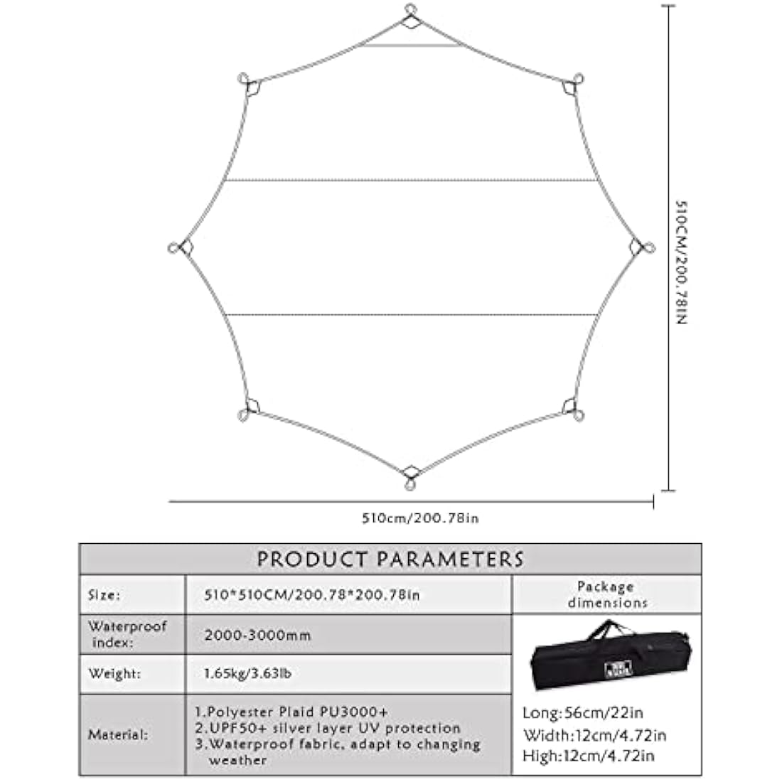 5m X 5m Large Camping Tarps Waterproof Hammock Rain Fly Multipurpose Hexagon Tarpaulin Shelter Tent Groundsheet Outdoor Tarp Awning Canopy (Without Pole)