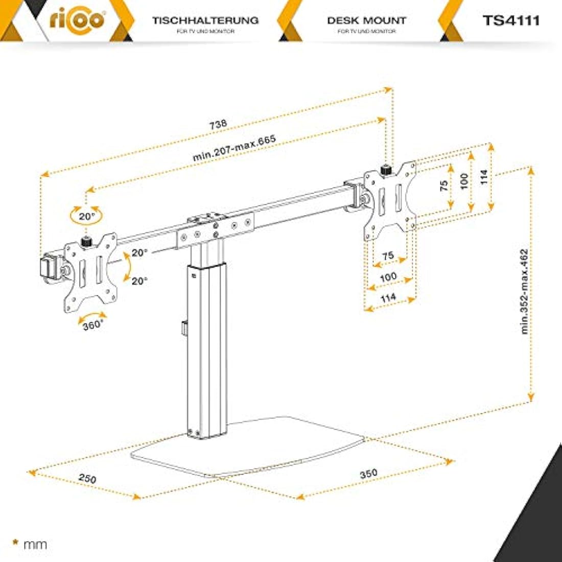 RICOO Dual Monitor Desktop Mount TS4111 gas-powered mounting for 2 flat screens with 17-27 inch with max VESA-Norm 100x100 free-standing double arm bracket PC screen stand in Black