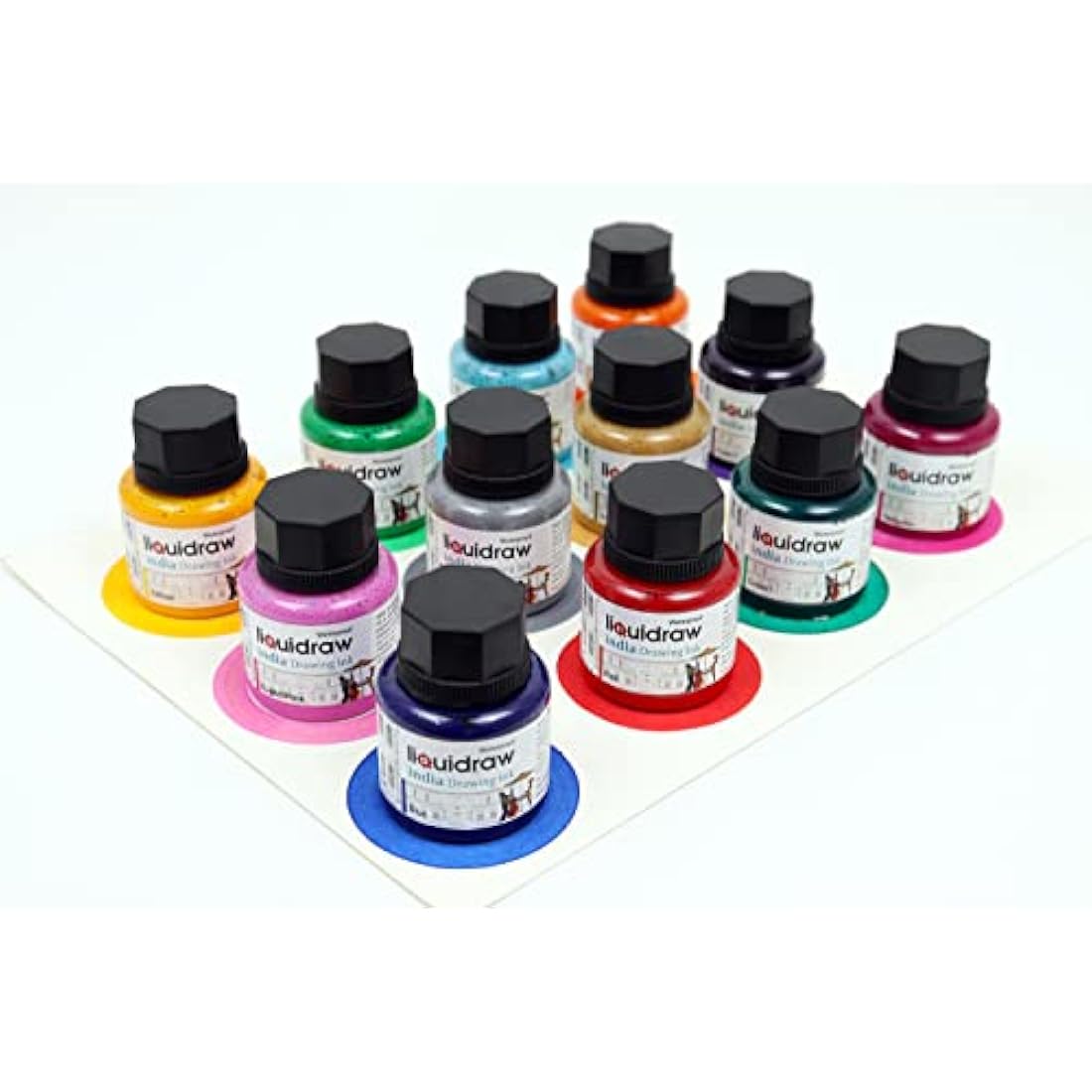 Liquidraw Coloured Drawing Ink Set India Ink, Waterproof, Set of 20 Assorted Colours, 35ml Indian Inks for Artists