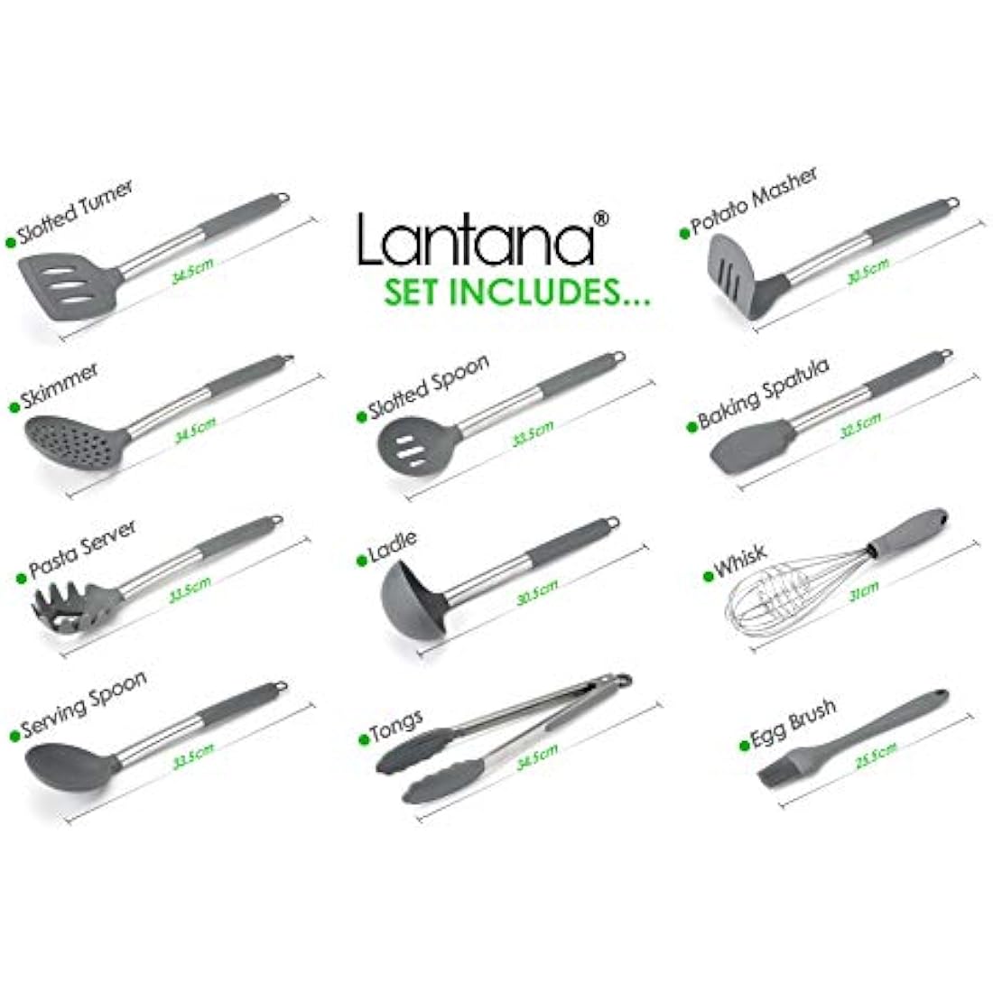 Lantana Premium 11pc Silicone Kitchen Utensil Set for Cooking and Baking in Sleek Grey and Brushed Stainless Steel. Includes; Tongs, Whisk, Spatula, Ladle, Potato Masher and More.