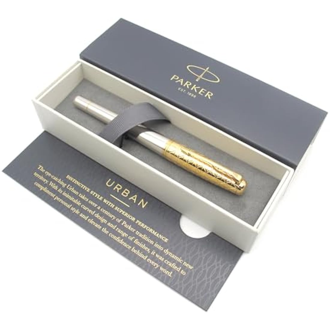 Parker Urban Premium Metal Fountain Pen | Aureate Gold Powder with Intricate Engraved Pattern | Gold Trims | Medium Nib | Gift Boxed