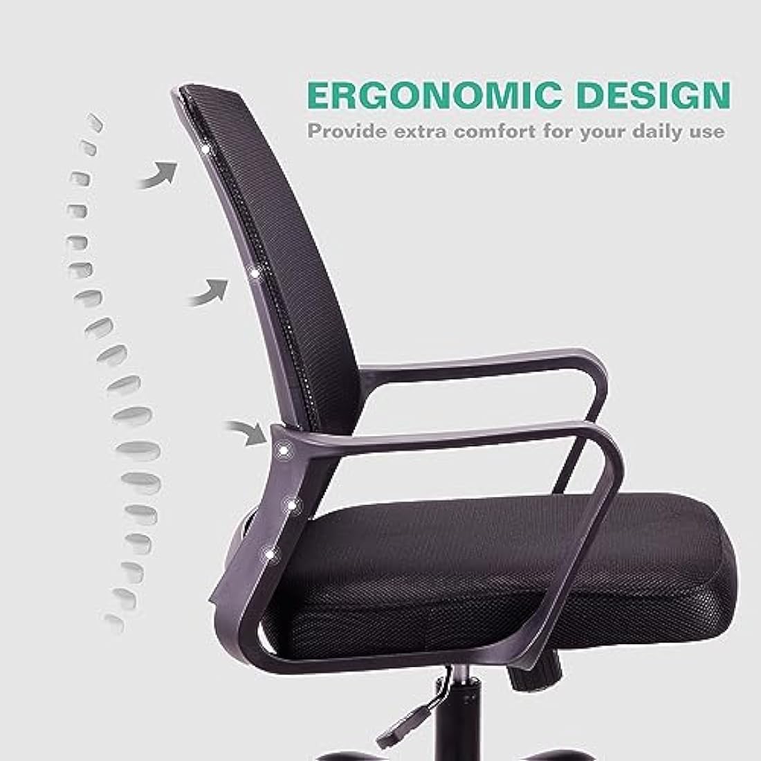T-THREE.Adjustable office chair, ergonomic mesh swivel seat, with lumbar support, height adjustment, 360° rotation, and tilt function, mesh backrest for home office(Black)
