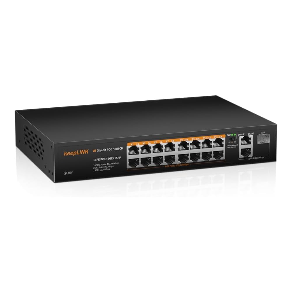 keepLiNK 18 Port PoE Switch, 16 x 100Mbps PoE+ Ports & 2 Gigabit Uplink Ports & 1 Gigabit SFP Slot, 240W Built-in Power 802.3af/at, Metal Casing