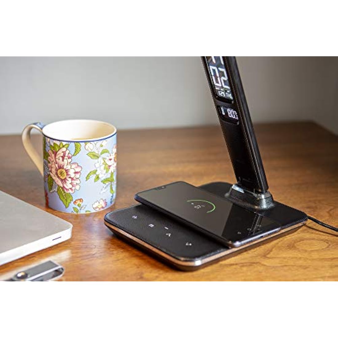 groov e Ares LED Lamp - Touch Control Desk Light with Fold Design - 3 Lighting Modes, Built-in Wireless Charger, Alarm Clock, & Digital Display with Time & Calender - Mains Operated - White