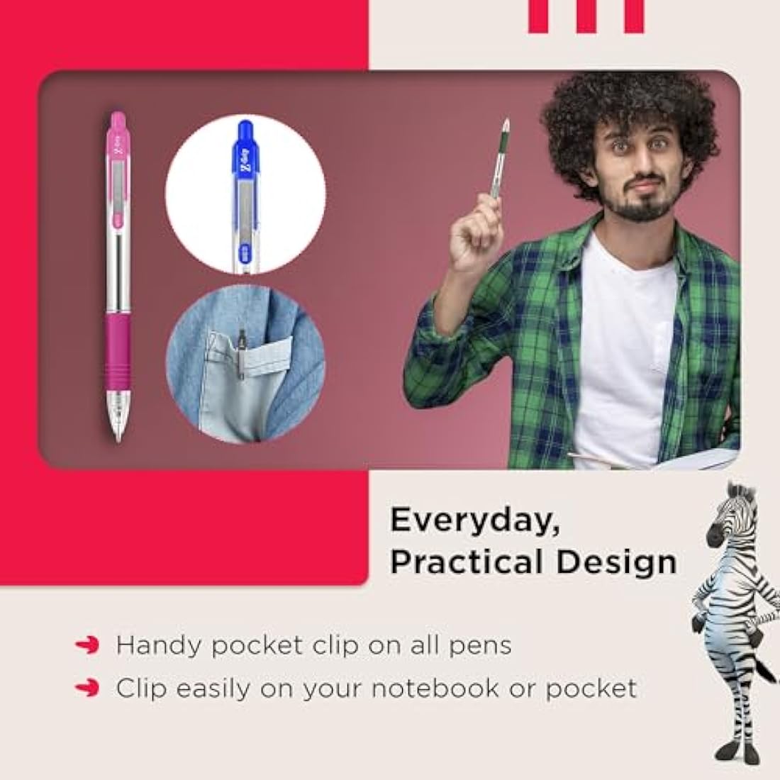 ZEBRA Z GRIP Assorted Ballpoint Pens, Retractable with Smooth Ink, Comfortable Grip and Pocket Clip Reliable Biro Medium Point 50 Pack 5 Assorted Colours