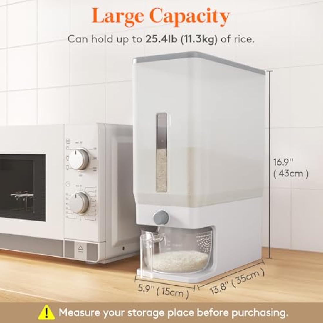 Lifewit Rice Container 25.4 Lb(11.3kg), Rice Dispenser with Visible Barrel, Rice Storage Container, Airtight Moisture Proof Rice Bucket, Grain Soybean for Kitchen Pantry Countertop Organization