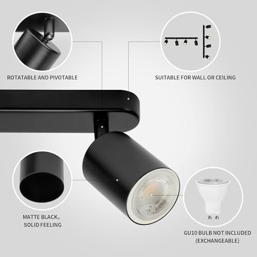 Wowatt 4 Way Spotlight Ceiling Light Rotatable, GU10 Industrial Ceiling Light Fitting Black Spot Light Bar Indoor Adjustable Light Ceiling Spot Lamp for Kitchen Bedroom Hallway, GU10 Bulb Not Included