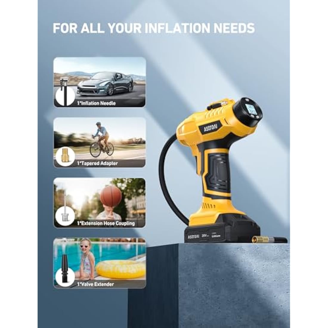 AstroAI Cordless Tyre Inflator Air Compressor, 12V DC and 20V Rechargeable Battery Dual Power 160PSI Portable Handheld Car Tyre Pump with Digital Pressure Gauge for Car Motorcycle Bicycle Ball