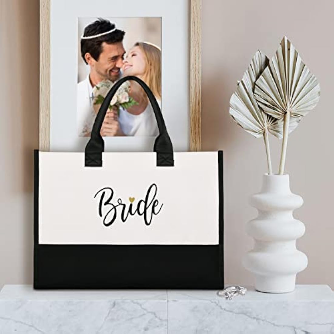 Lamyba Bride Bag with Makeup Bag and Reinforced Bottom, Bridal Shower Gifts - Black and White