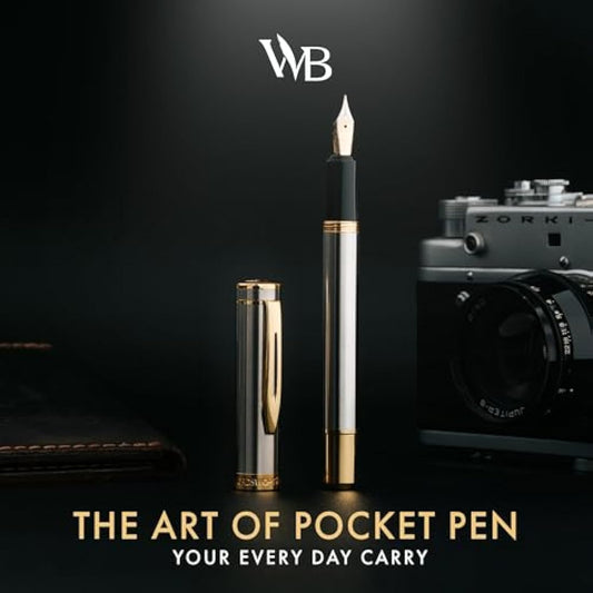 Wordsworth and Black Fountain Pen Mini EDC: Luxury Silver Heavy Pocket Pen, Gold Finish, Medium Nib, 6 Ink Cartridges, Ink Converter, Travel Refillable Writing Pen Gift Set, Men & Women