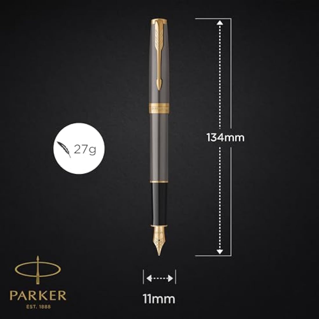 PARKER Sonnet Fountain Pen | Grey Lacquer with Gold Trims | Medium Stainless Steel Nib with Gold Coating | Black Ink Cartridge Refill | Gift Box | Perfect Graduation Gifts