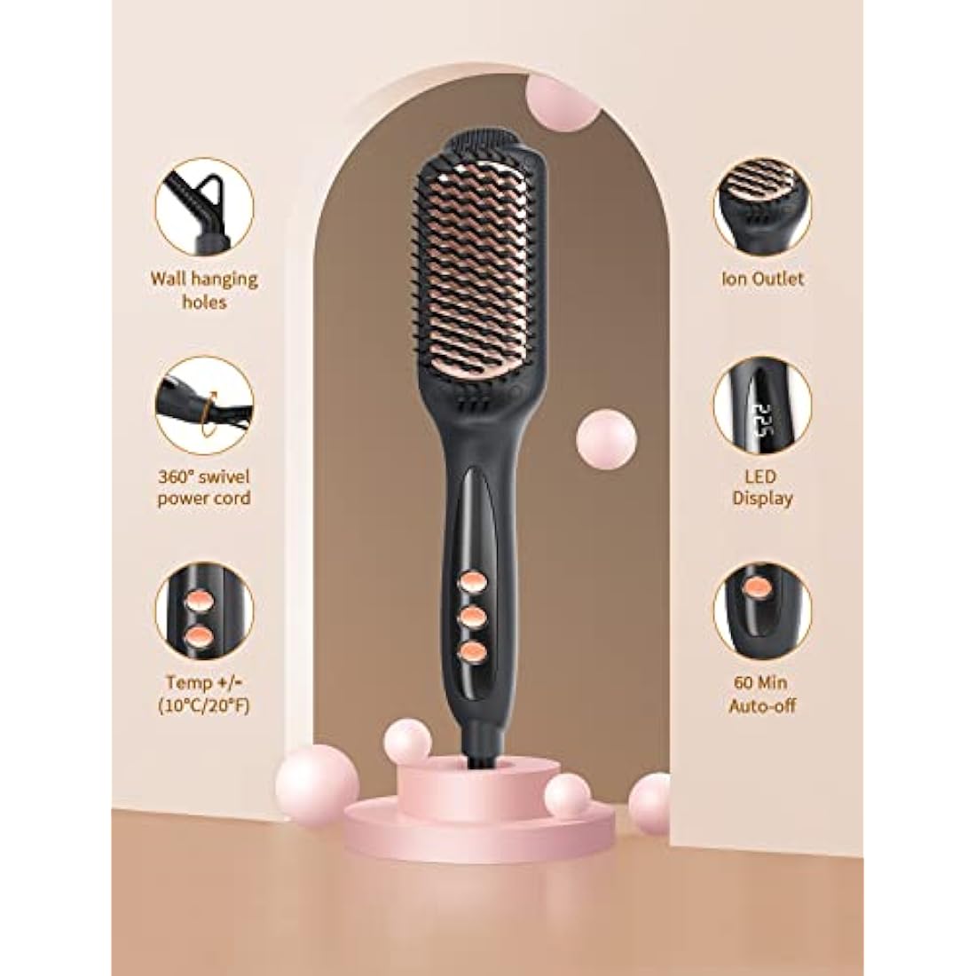 LANDOT Hair Straightener Brush Heated Straightening Brush: Negative Ion Ceramic Hot Hair Brush Straightener for Smooth Frizz-Free Hair