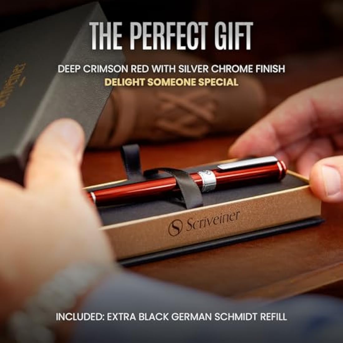 Scriveiner Crimson Red Rollerball Pen - Multi Award Winning Luxury Rollerball with Chrome Trim & Schmidt Refill, Quality Executive Writing Pen for the Office, Journaling or Gift Set for Men & Women