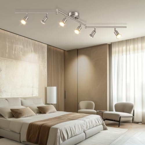 Dehobo Ceiling Spotlight Rotatable - Matte Nickel 6 Way GU10 LED Ceiling Light 350° Swivelling Adjustable Modern for Kitchen Living Room Bedroom, No Bulbs