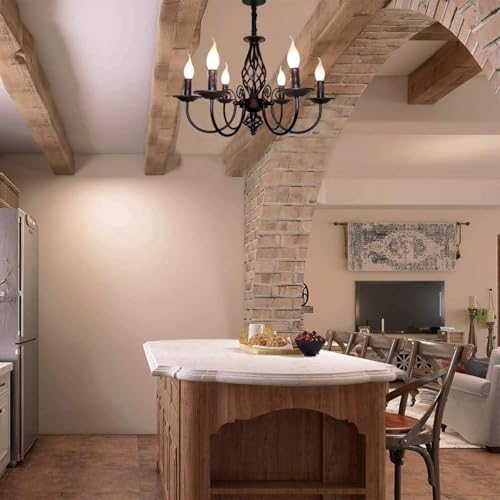 JIINOO Rustic Pendant Chandelier, French Country Vintage 6 Lights Chandeliers Farmhouse Pendant Light Fixture Height Adjustable Candle Wrought Iron Chandelier for Kitchen,Dining Room,Living Room,Foyer