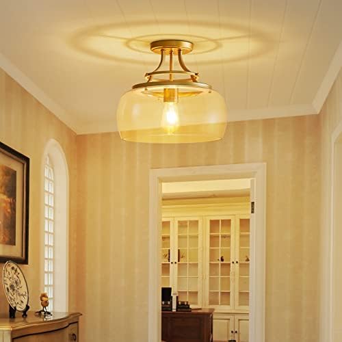 WUZUPS Chandelier Rustic Farmhouse Industrial Round Semi-flushmount Ceiling LED Light Fixture with Clear Glass Shades for Bathroom Kitchen Foyer Entryway, H 30 x W 34, E27 Base, Gold