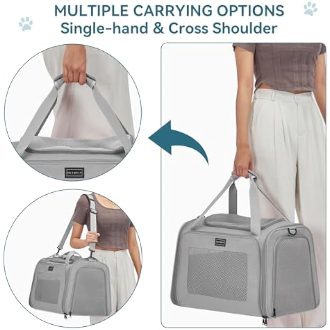 Petsfit Cat Carrier Large Up to 12KG,Pet Carrier with Extendable Fleece Mat,Dog Travel Bag Carrier with Safety Leash for Puppy for Car Use,50 * 33 * 33CM, Grey
