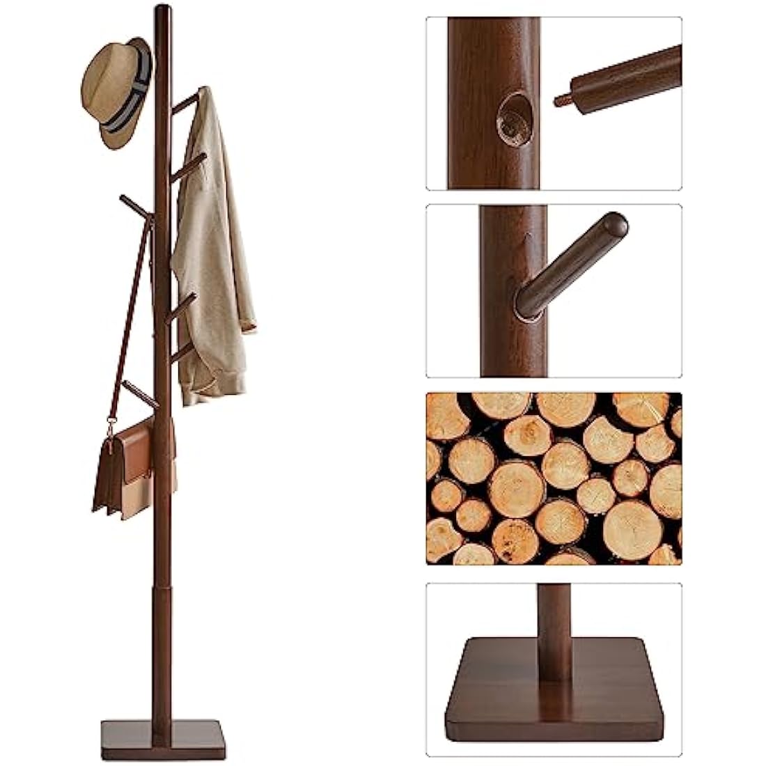 YMYNY Coat Rack Stand with Square Base, Wooden Coat Tree, Hall Tree Free Standing with 8 Hooks, Clothes Stand for Coats, Hat, Handbag, Umbrella, for Office, Hallway, 29 x 29 x 176CM Brown HCR002H