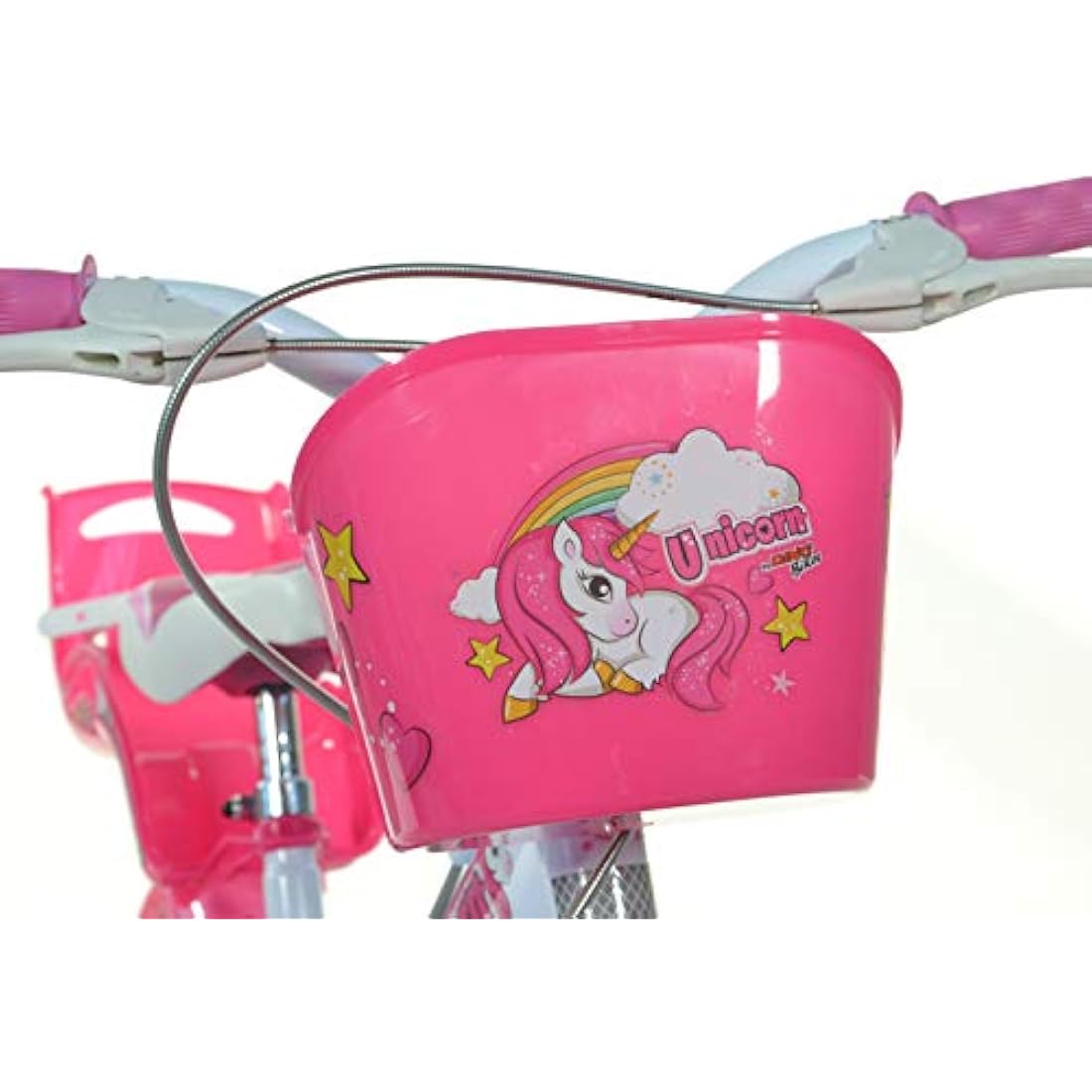 Dino Bikes Unicorn Kids Bike 16-inches, Girls, White/Pink with Doll Seat, Basket and Stabilisers